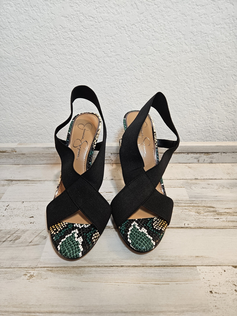 Jessica Simpson JORDIYA Black Green & Elastic Snake 4.5” Stiletto Heal Sz 8 M